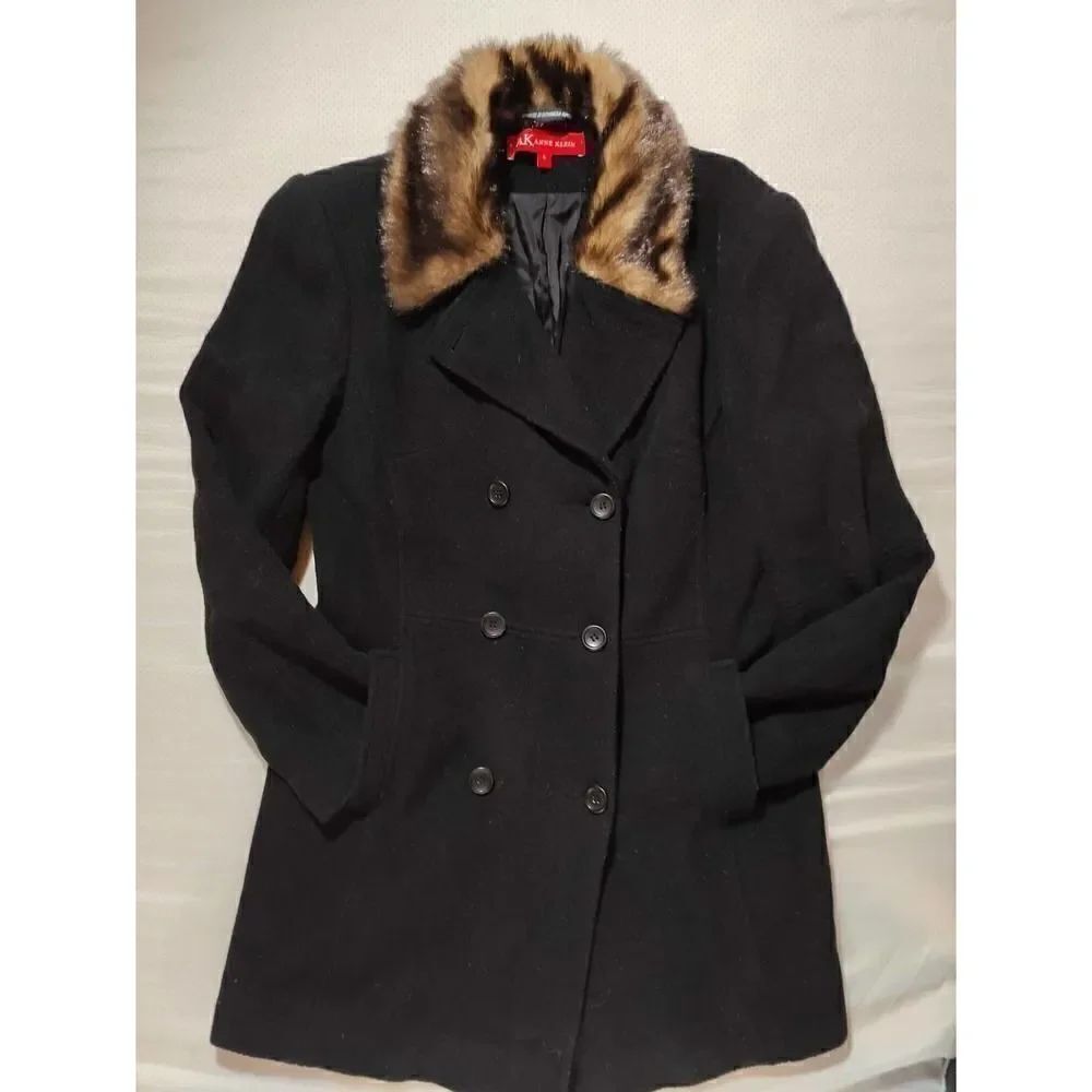 ANNE KLEIN WOMENS FAUX-FUR CLUB COLLAR COAT BLACK CHEETAH SMALL PREOWNED